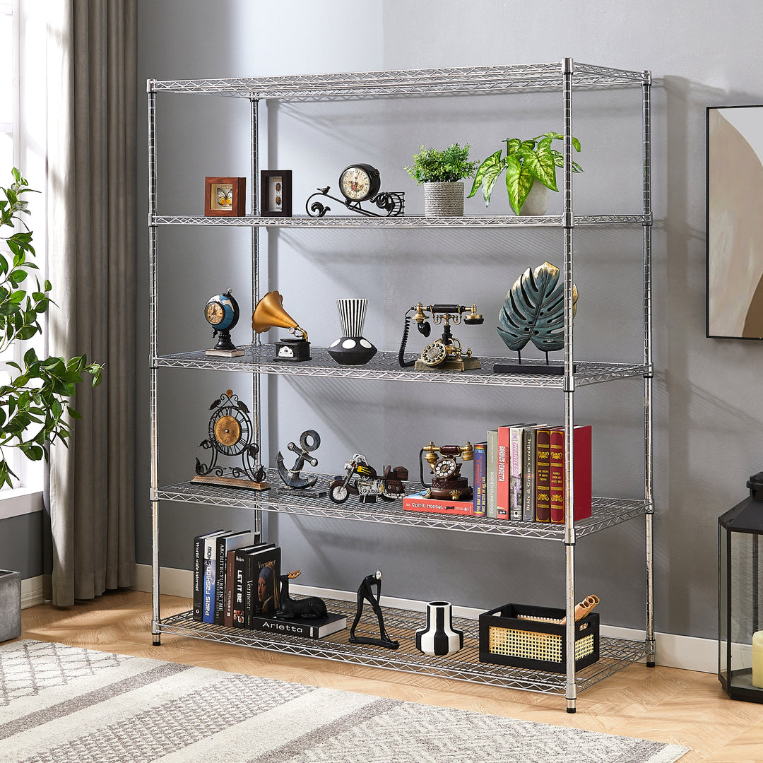 5 tiers of chrome-plated, heavy-duty, adjustable shelving and racking with a 300 lb. weight capacity per wire shelf for warehouses, supermarkets, kitchens, etc. 59.45 "L × 24.02 "W × 71.65 "H