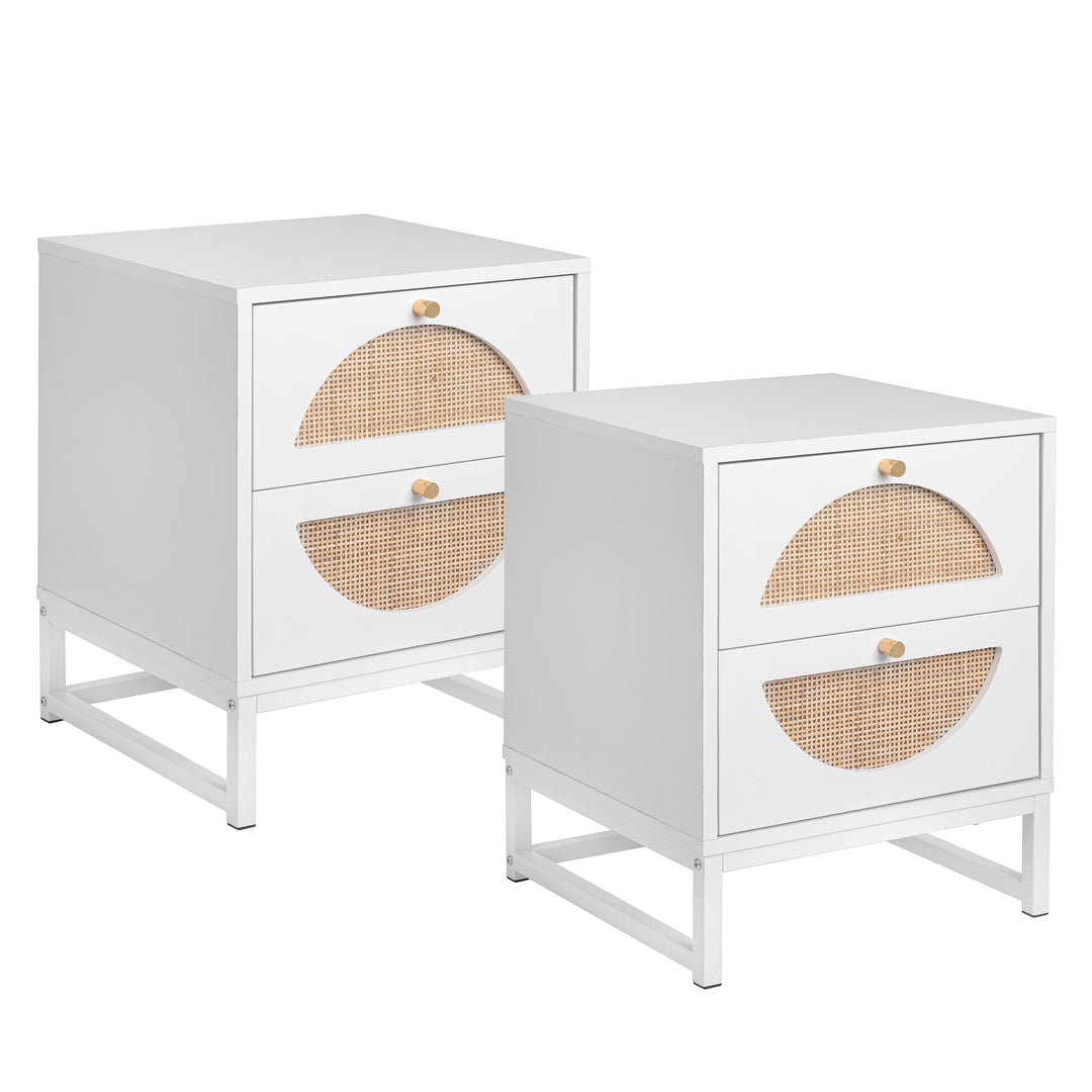 Allen 2 Drawer Nightstand Set of 2, White, Natural Rattan, Display Rack for Bedroom and Living Room