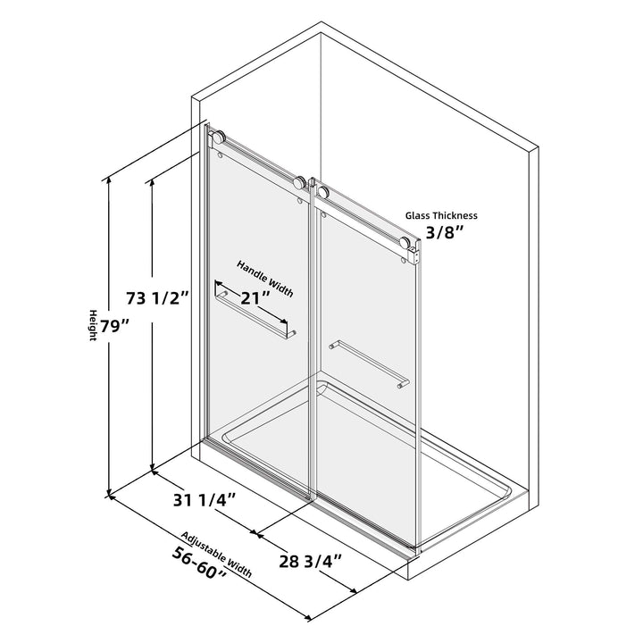 Frameless Double Sliding Shower, 57" - 60" Width, 79" Height, 3/8" (10 mm) Clear Tempered Glass, , Designed for Smooth Door with Clear Tempered Glass and Stainless Steel Hardware Brushed Nickel