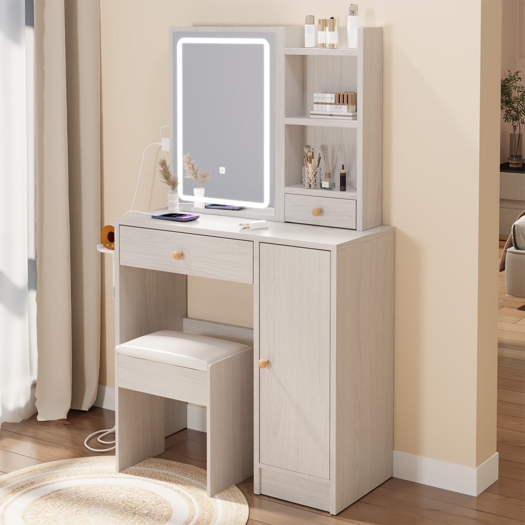 Right Cabinet Desktop Vanity Table + Cushioned Stool, With 2 AC Power + 2 USB Socket, Extra Large Sliding LED Mirror, Tri-color, Brightness Adjustable, Large Desktop, High Capacity Multi-layer Storage