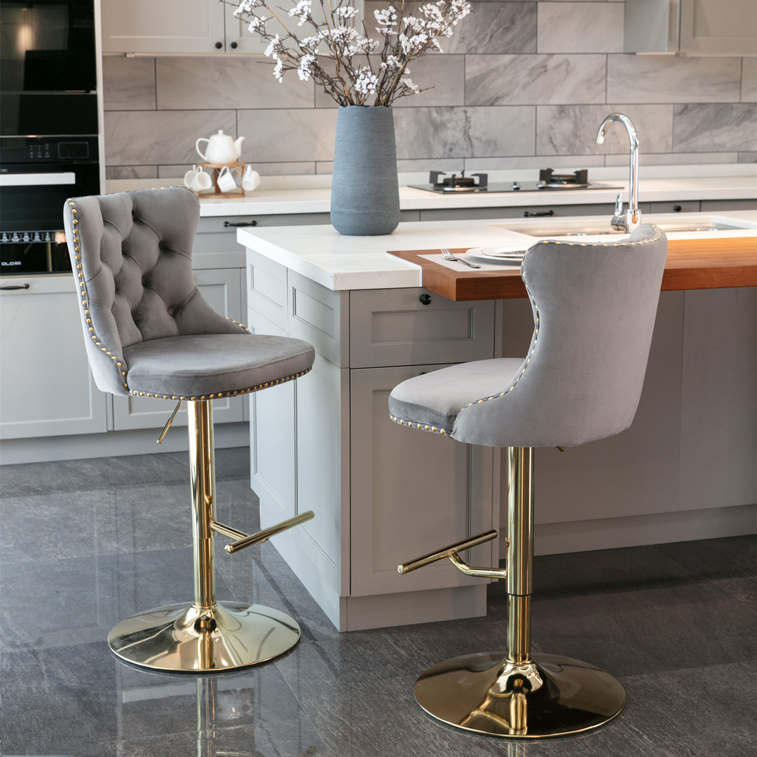 A&A Furniture,Golden Swivel Velvet Barstools Adjusatble Seat Height from 25-33 Inch, Modern Upholstered Bar Stools with Backs Comfortable Tufted for Home Pub and Kitchen Island（Gray,Set of 2）