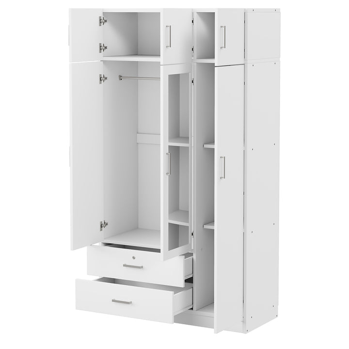 3-Door Mirror  Wardrobe with 2 Drawers and Top Cabinet,White