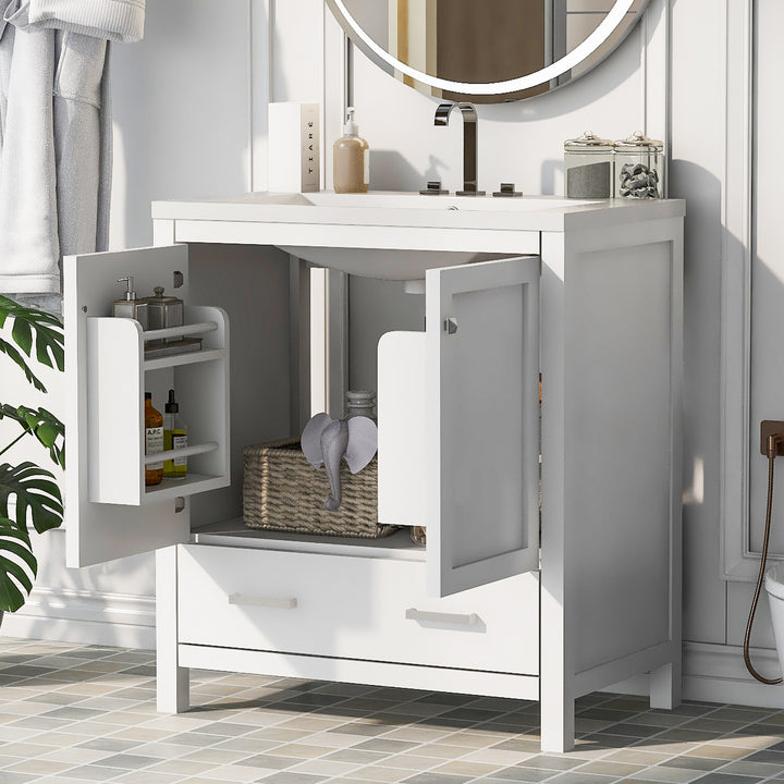 30" White Bathroom Vanity with Single Sink, Combo Cabinet Undermount Sink, Bathroom Storage Cabinet with 2 Doors and a Drawer, Soft Closing, Multifunctional Storage, Solid Wood Frame