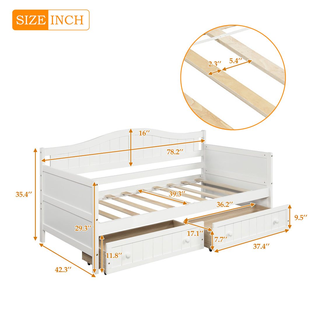 Twin Wooden Daybed with 2 drawers, Sofa Bed for Bedroom Living Room,No Box Spring Needed,White