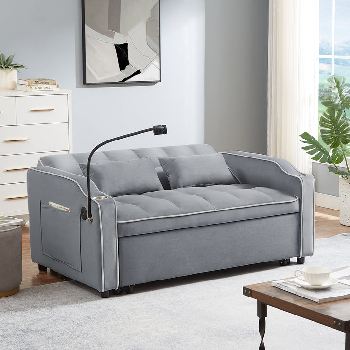 1 versatile foldable sofa bed in 3 lengths, modern sofa sofa sofa velvet pull-out bed, adjustable back and with USB port and ashtray and swivel phone stand (grey)