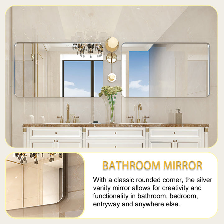 40x30inch Brushed Silver Rounded Corner Rectangle Bathroom Mirror For Wall Metal Frame Wall Mounted Bathroom Mirror Vanity Bathroom Mirror(Horizontal & Vertical)