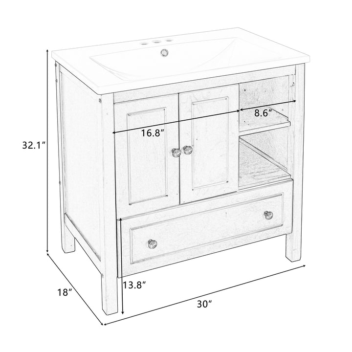 [VIDEO] 30" Bathroom Vanity with Sink, Bathroom Storage Cabinet with Doors and Drawers, Solid Wood Frame, Ceramic Sink, White