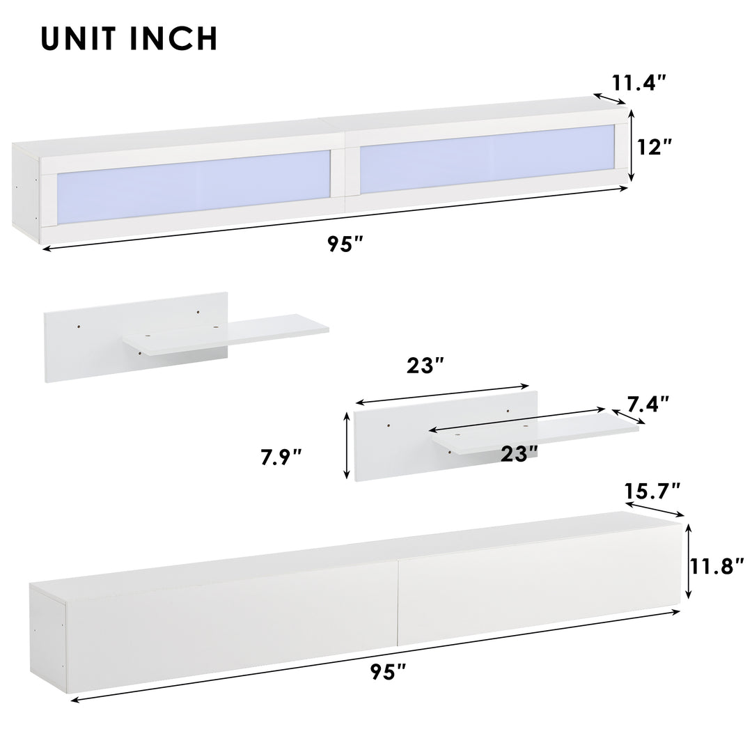 [VIDEO provided] ON-TREND Wall Mount Floating TV Stand with Four Storage Cabinets and Two Shelves, High Gloss Entertainment Center for 95+ Inch TV, 16-color RGB LED Lights for Living Room, White