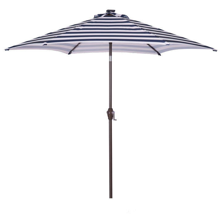 Outdoor Patio 8.7-Feet Market Table Umbrella with Push Button Tilt and Crank, Blue White Stripes With 24 LED Lights[Umbrella Base is not Included]