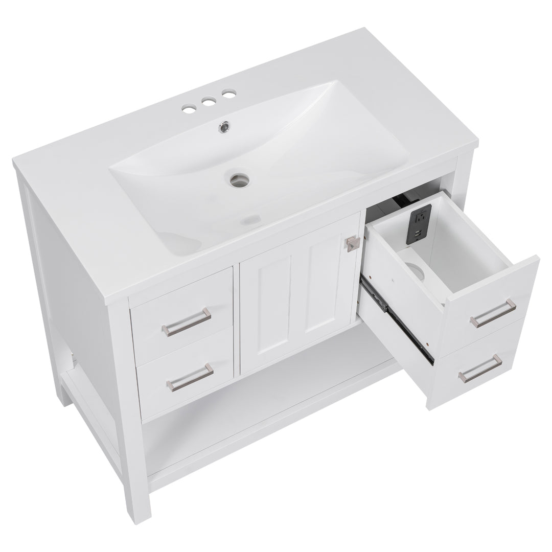 36" White Modern Bathroom Vanity with USB,Two Shallow Drawers, One Deep Drawer,One door,Single Resin Sink,Small Bathroom Organization Cabinet