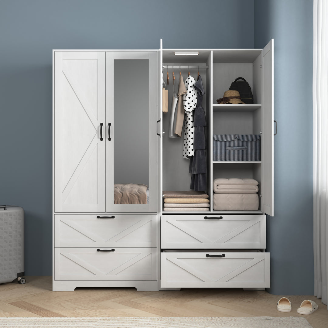 2 Door Wood Wardrobe for Bedroom with Hanging Clothing Rod inside the Cabinet and 2 Drawers for Storage Organization, Built-in induction light Multifunctional Closet with Mirror, White