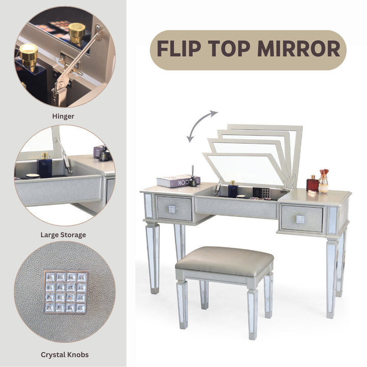 Mirrored Vanities Desk with Drawers, Bedroom Makeup Vanity Table Set with Mirror and Stool, Flip Up Dressing Table for Bedroom/Makeup Room, Working Desk for Women, Girl Furniture Combo