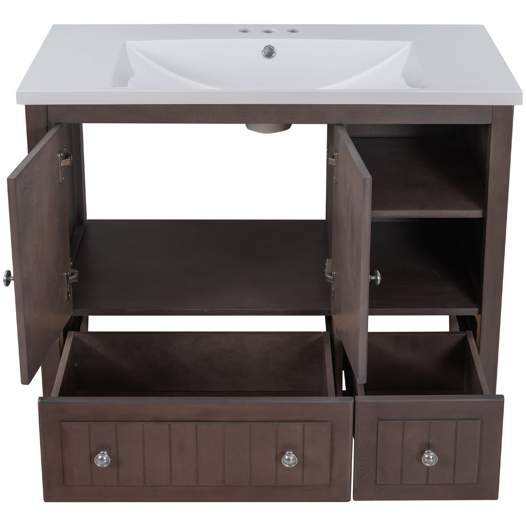 [VIDEO] 36" Bathroom Vanity with Ceramic Basin, Bathroom Storage Cabinet with Two Doors and Drawers, Solid Frame, Metal Handles, Brown (OLD SKU: JL000003AAD)