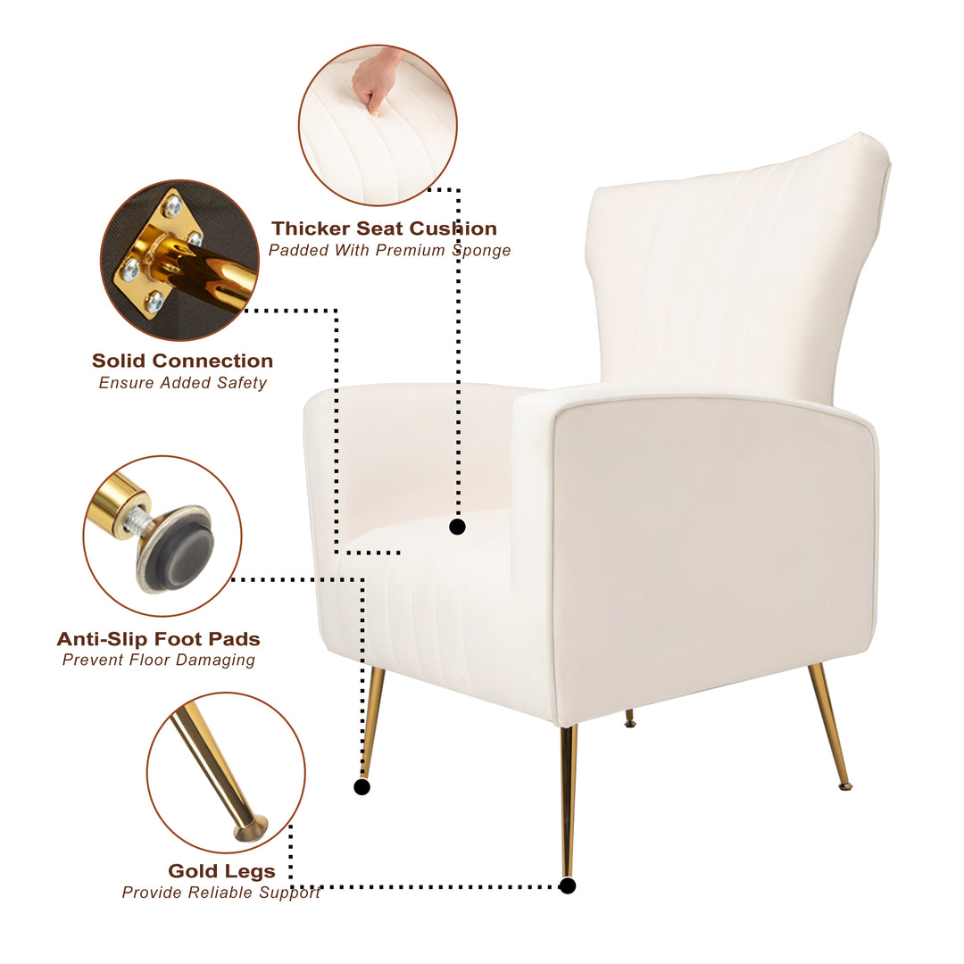 Velvet Accent Chair with table, Wingback Arm Chair with Gold Legs, Upholstered Single Sofa for Living Room Bedroom, White