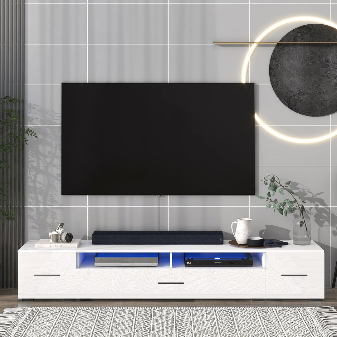 ON-TREND Extended, Minimalist Design TV stand with Color Changing LED Lights, Modern Universal Entertainment Center, High Gloss TV Cabinet for 90+ inch TV, White