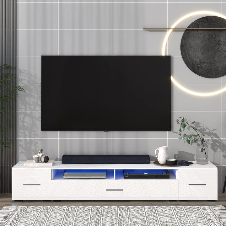 ON-TREND Extended, Minimalist Design TV stand with Color Changing LED Lights, Modern Universal Entertainment Center, High Gloss TV Cabinet for 90+ inch TV, White