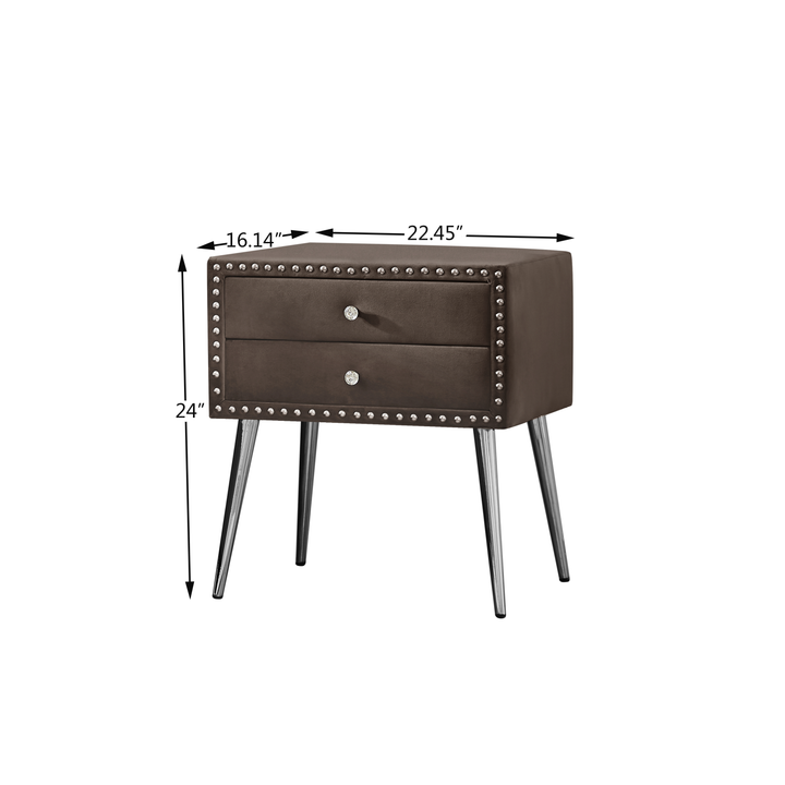 B109-TA Upholstered in durable 100% Brown Velvet nightstand                  
Classic silver rivet elegant button tufted design with two drawer and metal legs