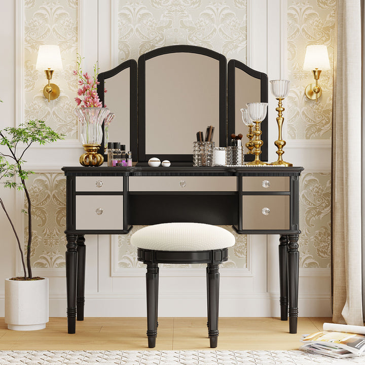 GO 43" Dressing Table Set with Mirrored Drawers and Stool, Tri-fold Mirror, Makeup Vanity Set for Bedroom, Black