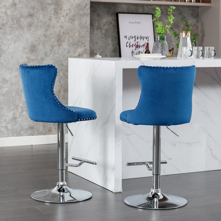 A&A Furniture,Swivel Velvet Barstools Adjusatble Seat Height from 25-33 Inch, Modern Upholstered Chrome base Bar Stools with Backs Comfortable Tufted for Home Pub and Kitchen Island（Blue,Set of 2）