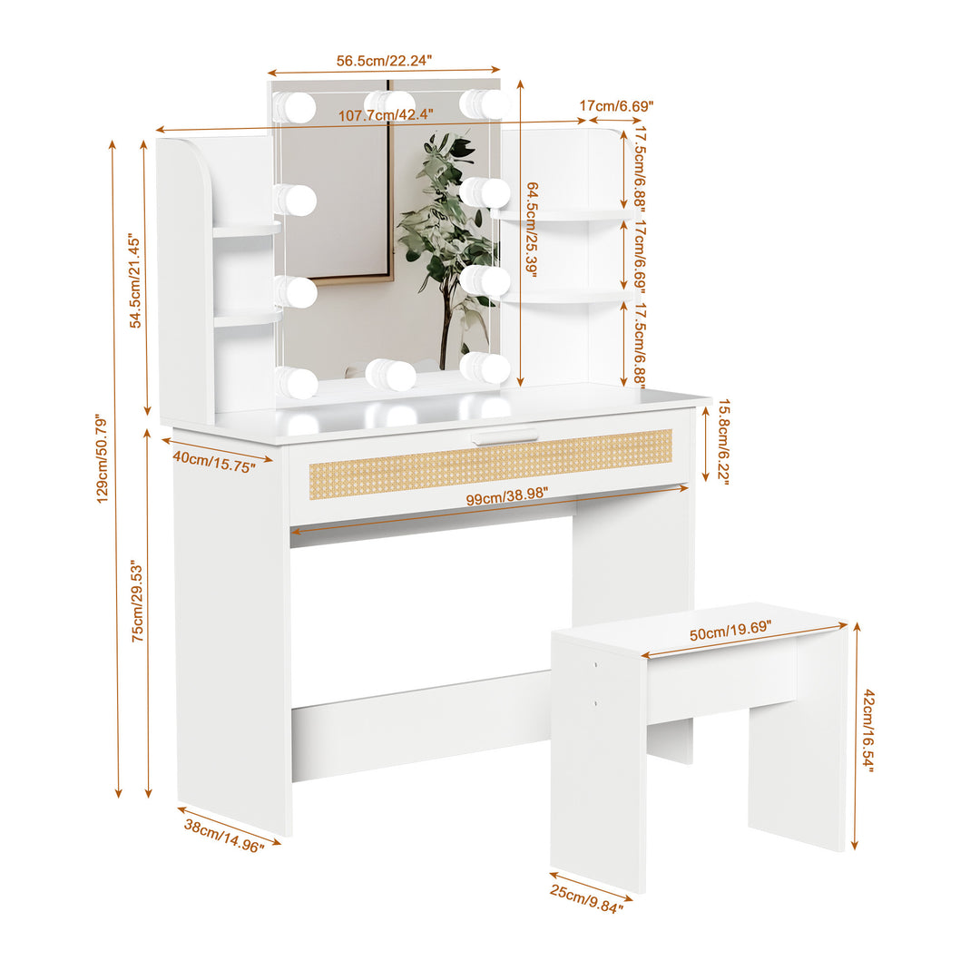 Vanity Desk Set Stool & Dressing Table with LED Lighting Mirror Drawer and Compartments Modern Wood Cosmetic Table Chest of Drawers White Color