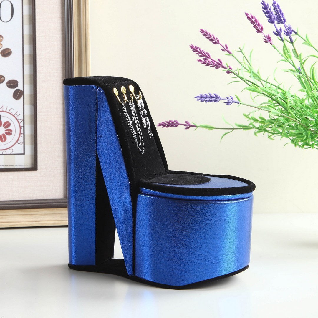 9" Tall Display Jewelry Box with Hooks, High Heel Shoe Design, Blue Velvet