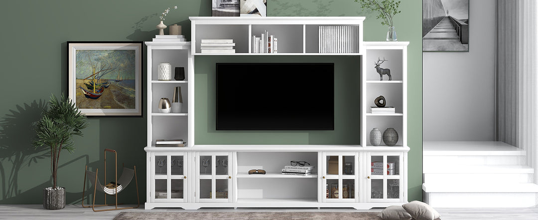 [VIDEO provided] ON-TREND Minimalism Entertainment Wall Unit with Bridge, Modern TV Console Table for TVs Up to 70", Multifunctional TV Stand with Tempered Glass Door, White (Old SKU: SD000009AAK)