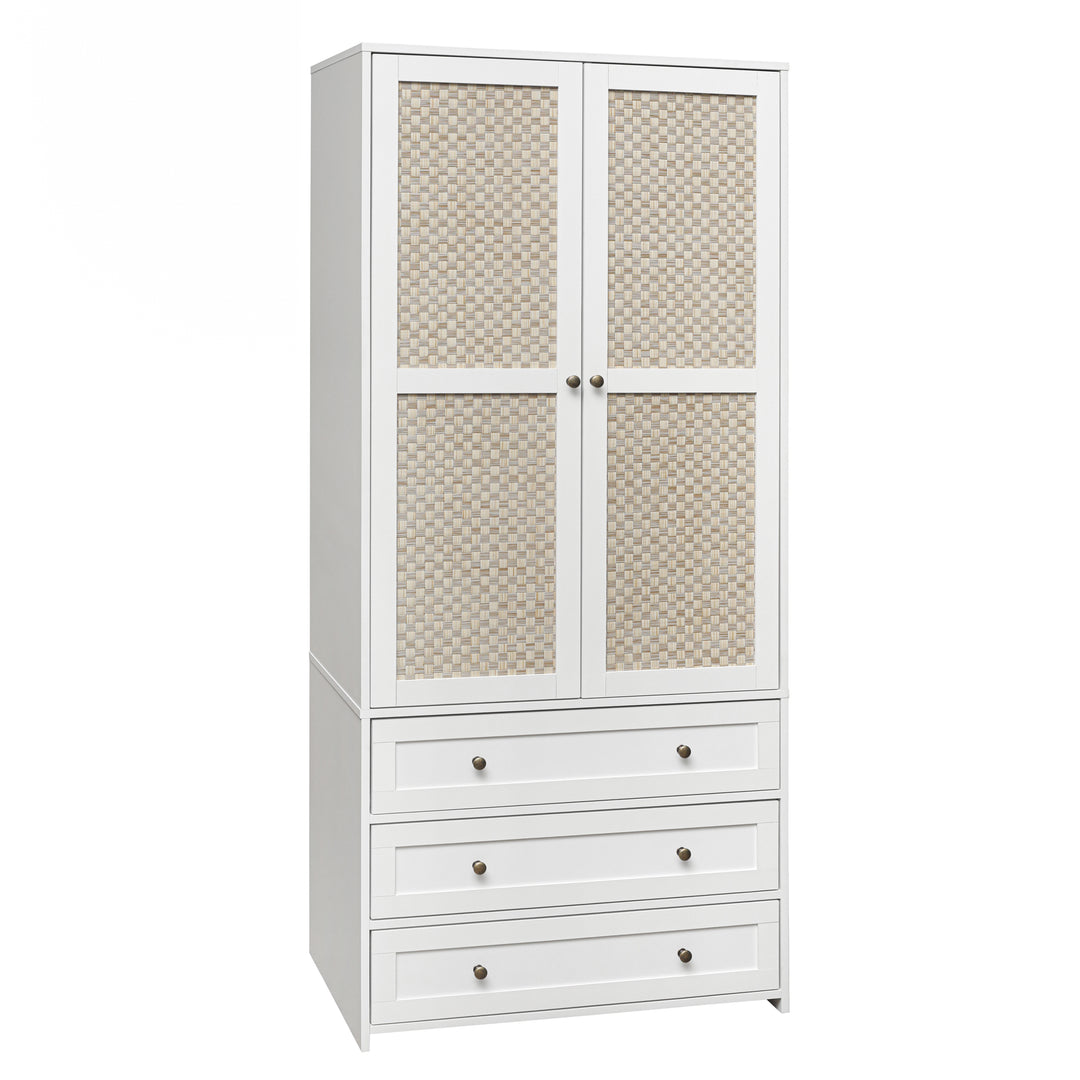 2-Door Wardrobe with 3 Drawers High Wardrobe  Armoire With 2 Rattan Door For Living Room, Bedroom Organizer