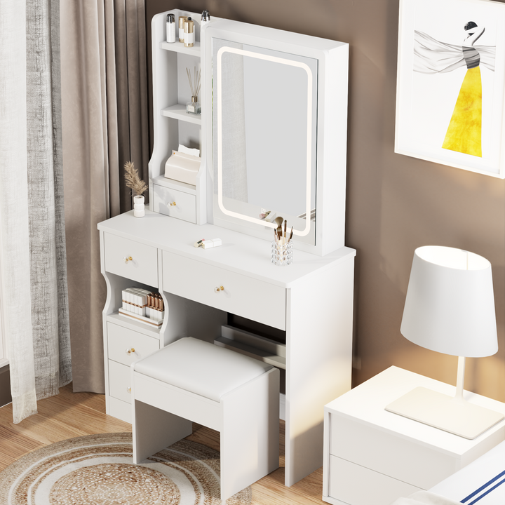 Left Drawer Desktop Vanity Table + Cushioned Stool, Extra Large Slide LED Mirror, Touch Control, 3-color, Brightness Adjustable, Large Size Desktop, Multi-layer Storage, Practical Fashionable Dresser