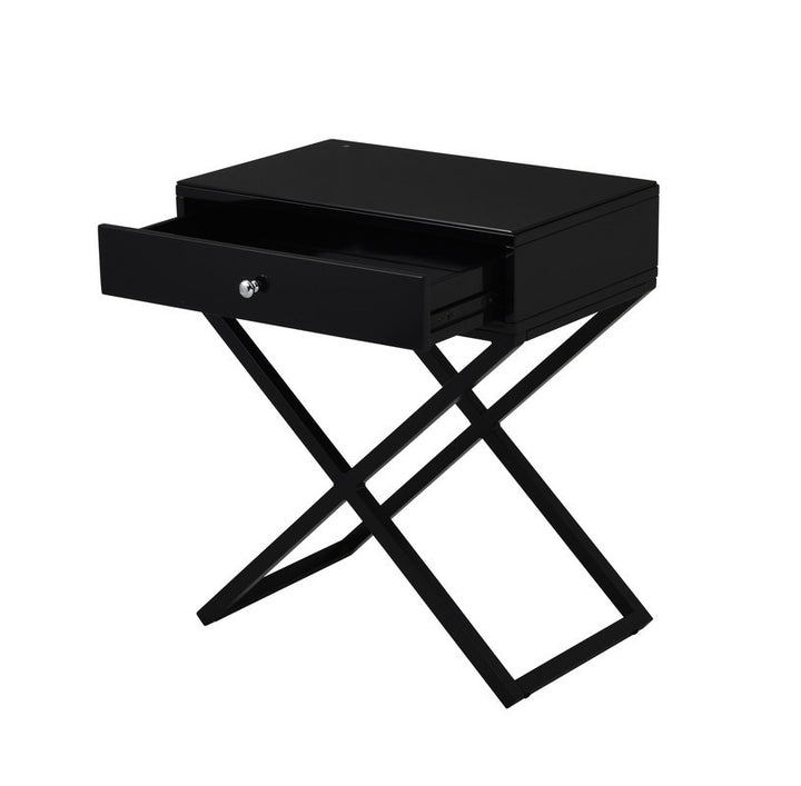 Koda 23" Black Wooden End Side Table Nightstand with Glass Top, Drawer and Metal Cross Base