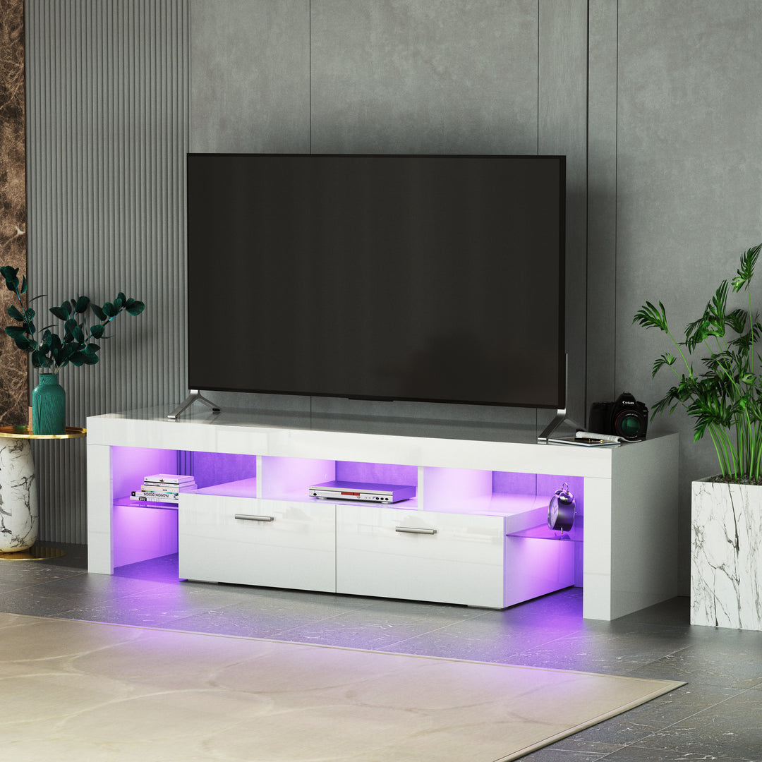 FashionTVstandTVcabinet,EntertainmentCenter,TVstationTV console,media console,with LEDlight belt,light belt remote control,toughenedglassshelf,metal handle,Canbeplaced in the living room,bedroom,White