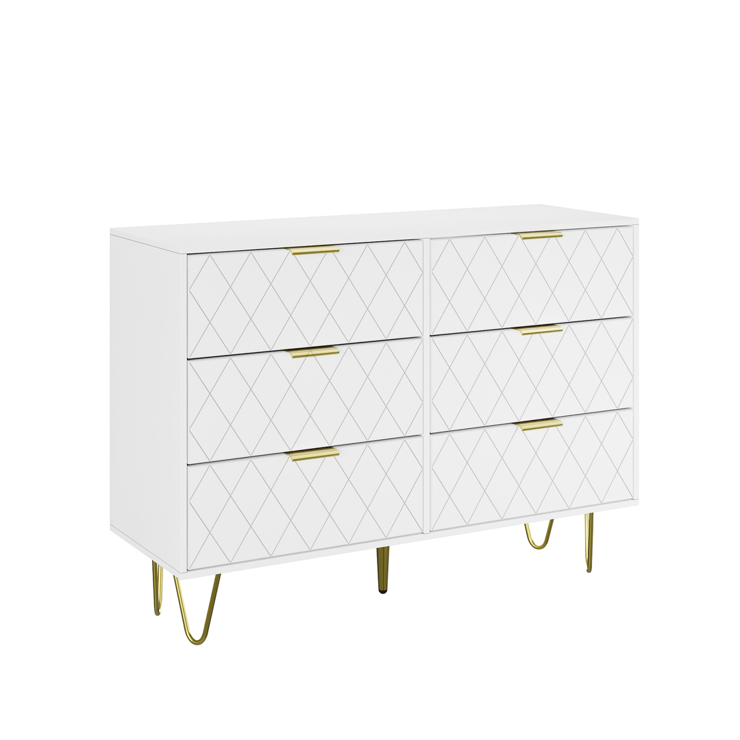 Modern white 6 Drawers for Bedroom, Small Size Wooden drawers with Gold Handles,  Chest Dresser with Deep Drawers for living room