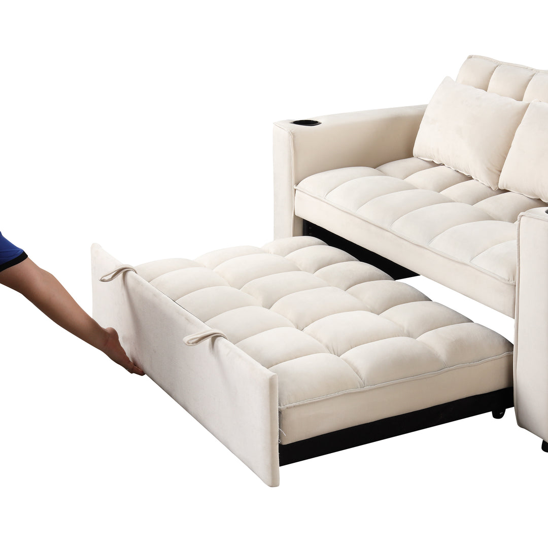 55.3" 4-1 Multi-functional Sofa Bed with Cup Holder and USB Port for Living Room or Apartments Milky White