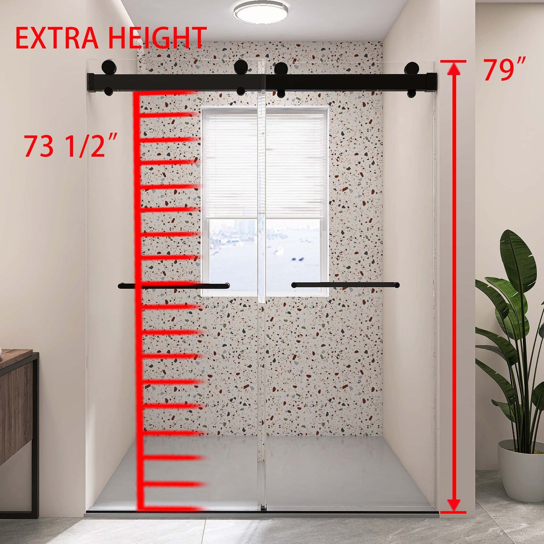 Frameless Double Sliding Shower, 57" - 60" Width, 79" Height, 3/8" (10 mm) Clear Tempered Glass, , Designed for Smooth Door Closing With Upgraded Crashproof System Technology Matte Black Finish