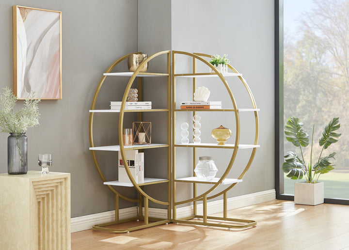 4 Tiers Home Office Open Bookshelf, Round Shape, Different Placement Ways, MDF Board, Gold Metal Frame, White