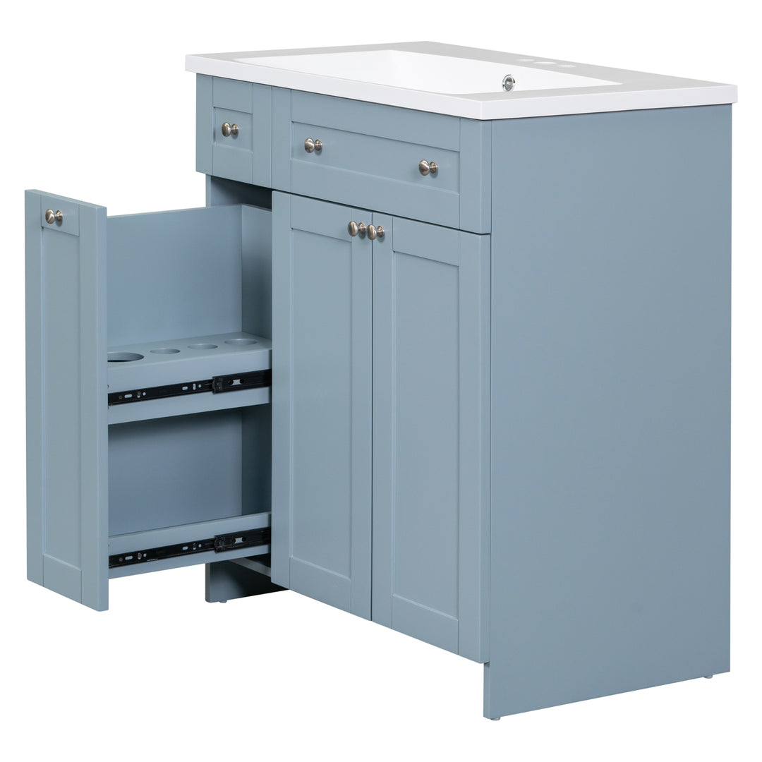 Modern 30-Inch Bathroom Vanity Cabinet with Easy-to-Clean Resin Integrated Sink in Blue