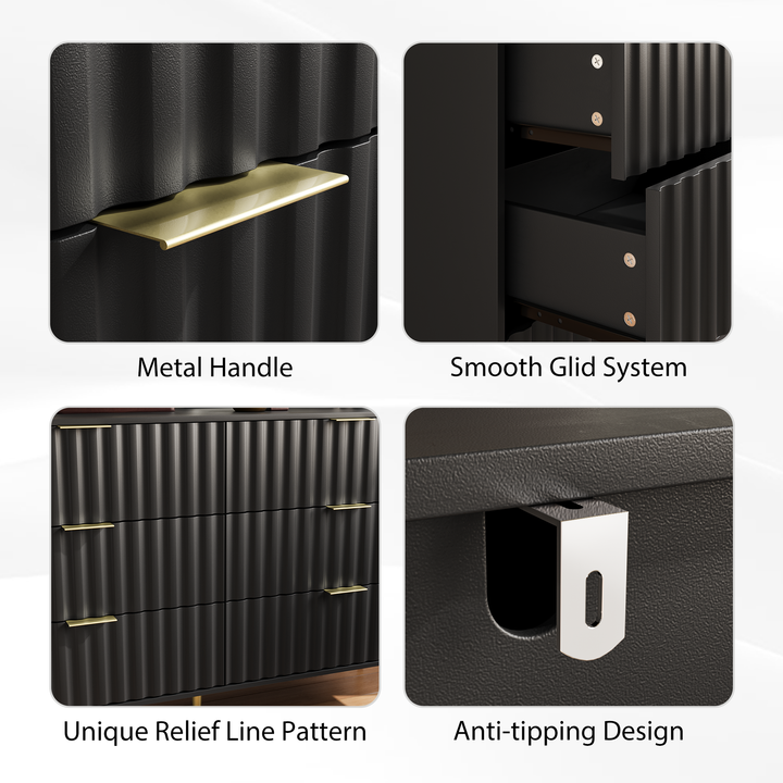 Black Modern 6 Drawers for Living Room for Hallway with Gold Handles Bedroom Chest of Drawers