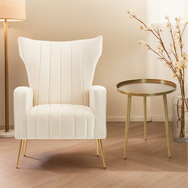 Velvet Accent Chair with table, Wingback Arm Chair with Gold Legs, Upholstered Single Sofa for Living Room Bedroom, White