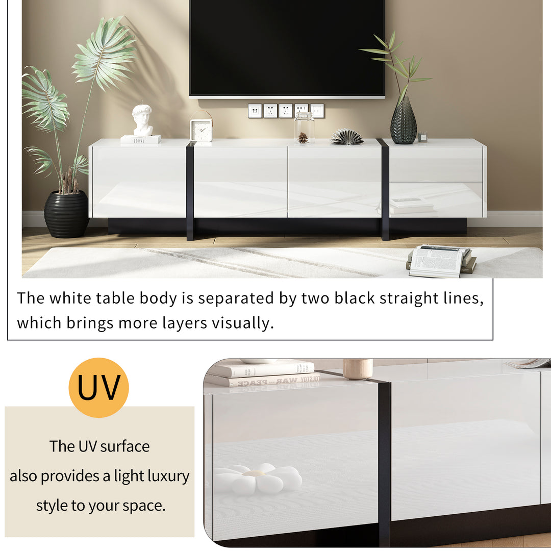 [VIDEO provided] ON-TREND White & Black Contemporary Rectangle Design TV Stand, Unique Style TV Console Table for TVs Up to 80'', Modern TV Cabinet with High Gloss UV Surface for Living Room.