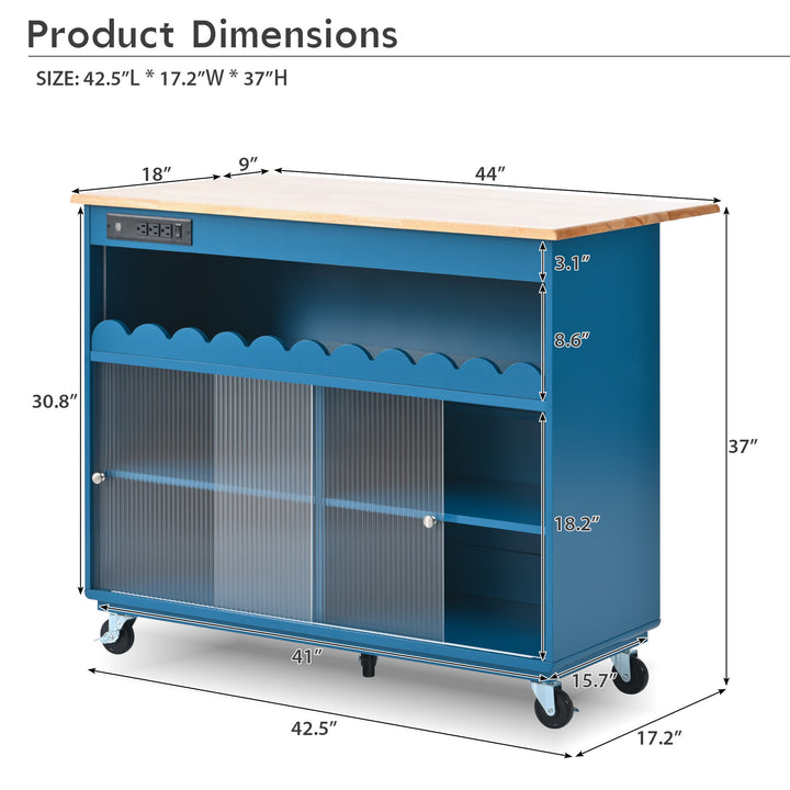 Kitchen Island with Drop Leaf, LED Light Kitchen Cart on Wheels with Power Outlets, 2 Sliding Fluted Glass Doors, Large Kitchen Island Cart with 2 Cabinet and 1 open Shelf (Navy Blue)