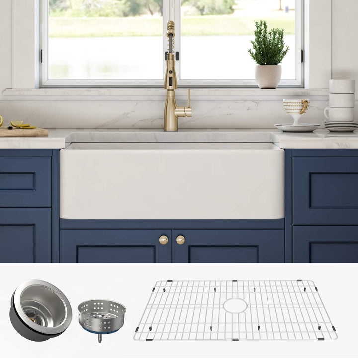 36 Inch Fireclay Farmhouse Kitchen Sink White Single Bowl Apron Front Kitchen Sink, Bottom Grid and Kitchen Sink Drain Included