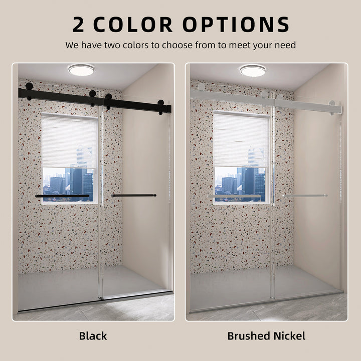 Frameless Double Sliding Shower, 57" - 60" Width, 79" Height, 3/8" (10 mm) Clear Tempered Glass, , Designed for Smooth Door Closing With Upgraded Crashproof System Technology Matte Black Finish