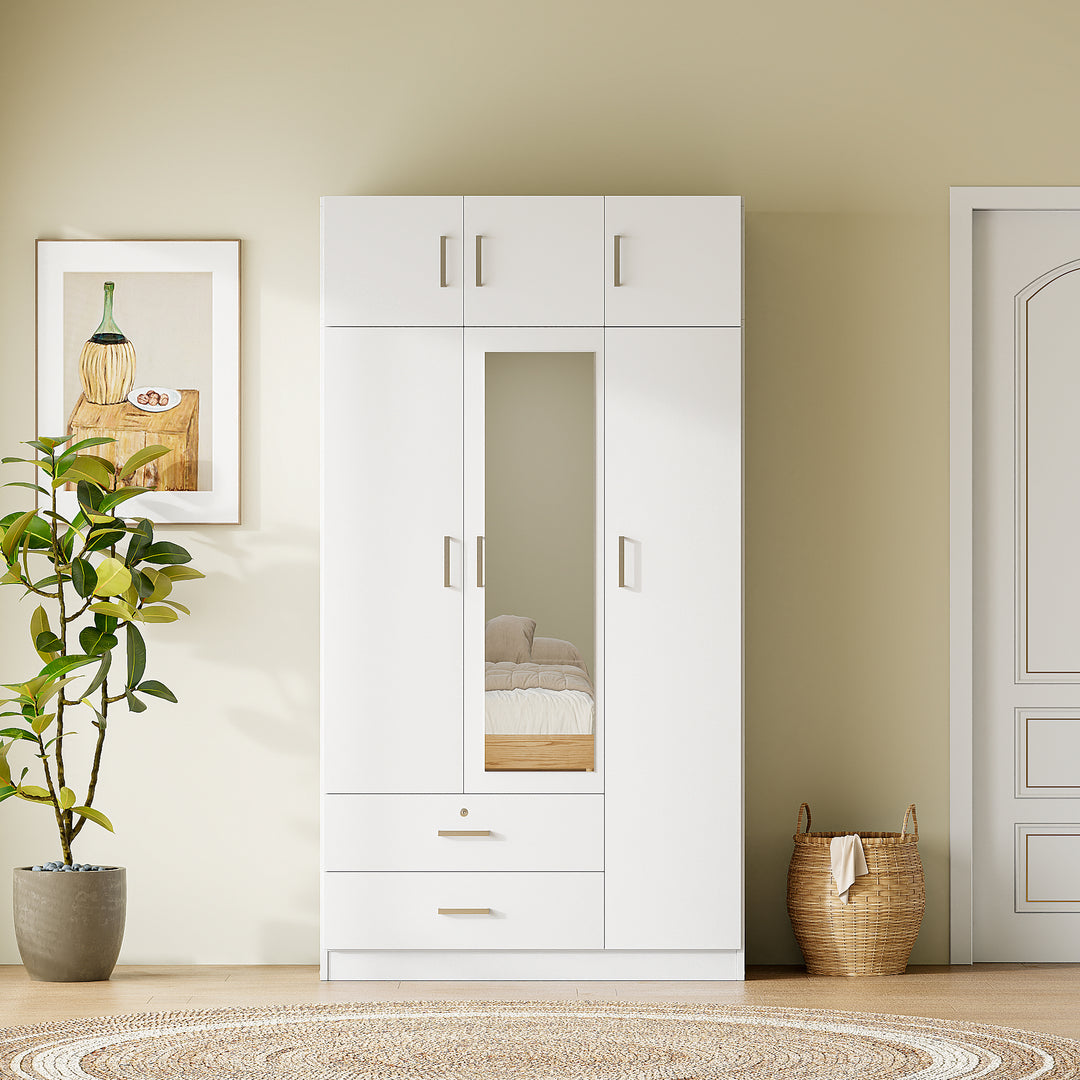 3-Door Mirror  Wardrobe with 2 Drawers and Top Cabinet,White