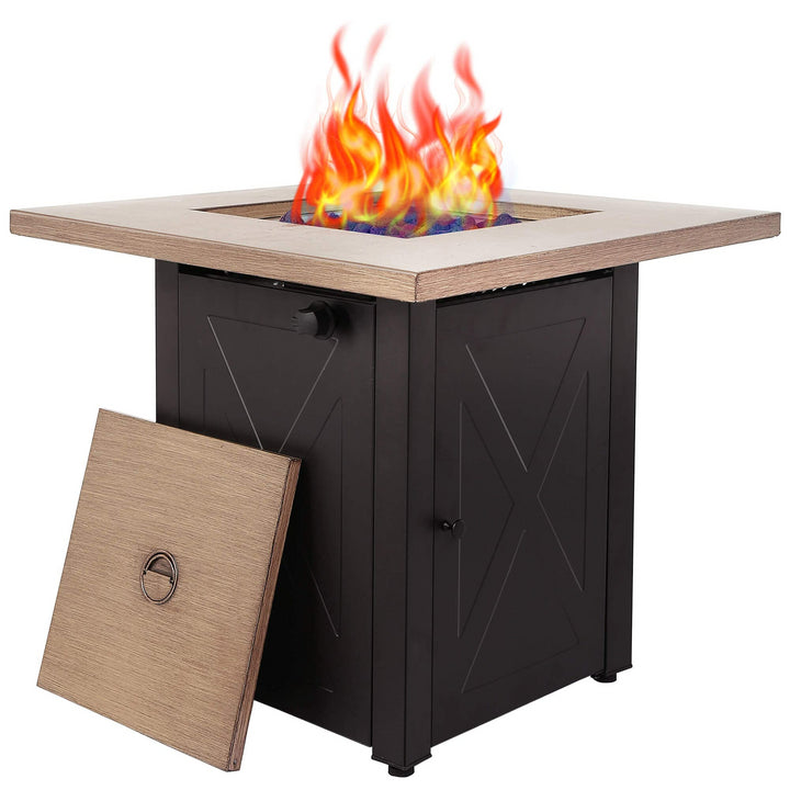 28inch Outdoor Gas Fire Pit Table , 48,000 BTU, Square Outdside Propane Patio Firetable, ETL Certification, Bionic Wood Grain Lid, for Backyard, Garden, Party, Deck, Courtyard