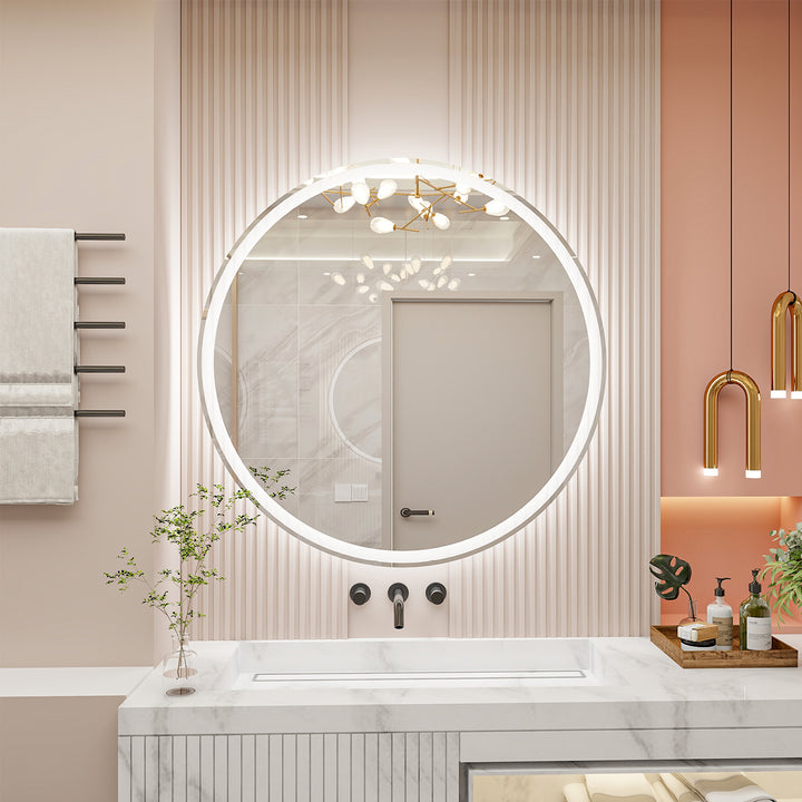 28 Inch Round Backlit Bathroom Mirror, LED round mirror with lighting strip, waterproof LED strip with adjustable 3-color and dimmable lighting,Touch Control, Vanity Mirror