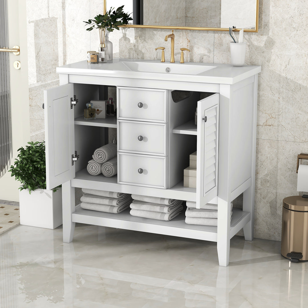 36" Bathroom Vanity with Ceramic Basin, Two Cabinets and Drawers, Open Shelf, Solid Wood Frame, White (OLD SKU: SY999101AAK)