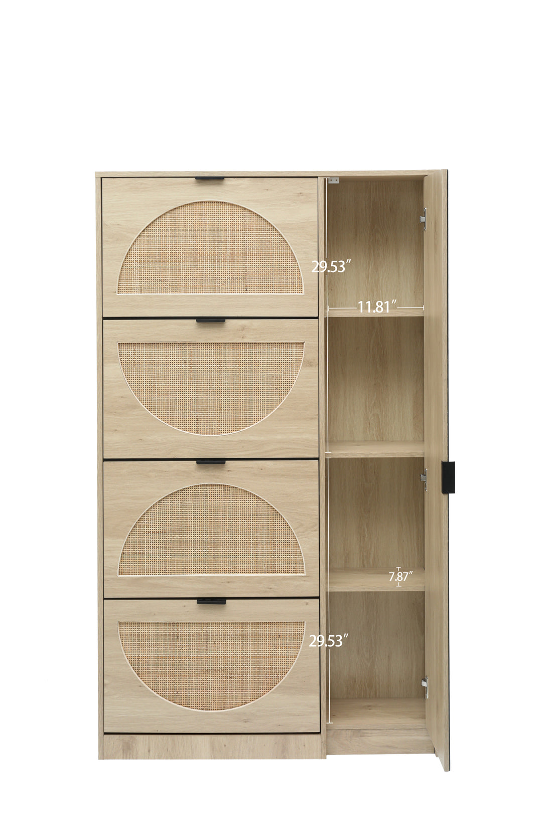 Natural Rattan Shoe Cabinet with 4-Tier Shoe Rack Storage Cabinet Wood 4 Door Free Standing Shoe Rack