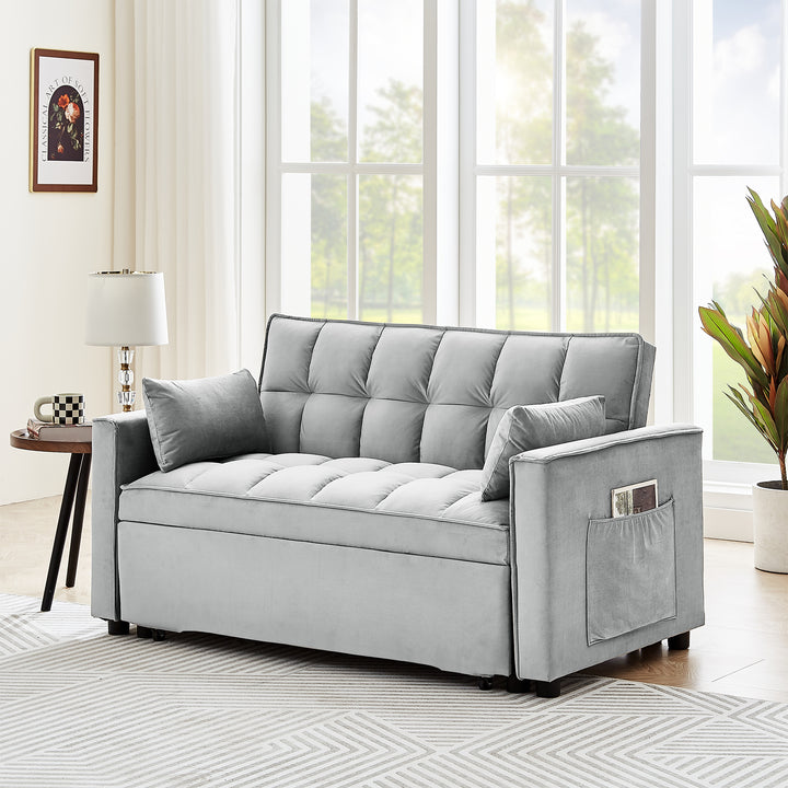 Sleeper Sofa Couch w/Pull Out Bed, 55" Modern Velvet Convertible Sleeper Sofa Bed, Small Love seat Sofa Bed w/Pillows & Side Pockets for Small Space, Living Room, Apartment,Gray