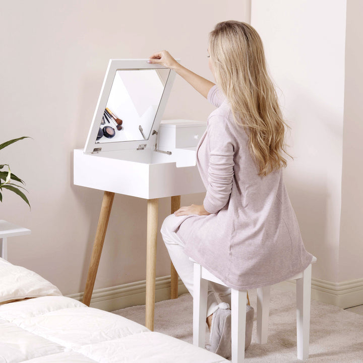 Dressing Vanity Table Makeup Desk with Flip Top Mirror and 2 Drawers for Bedroom Living Life,White