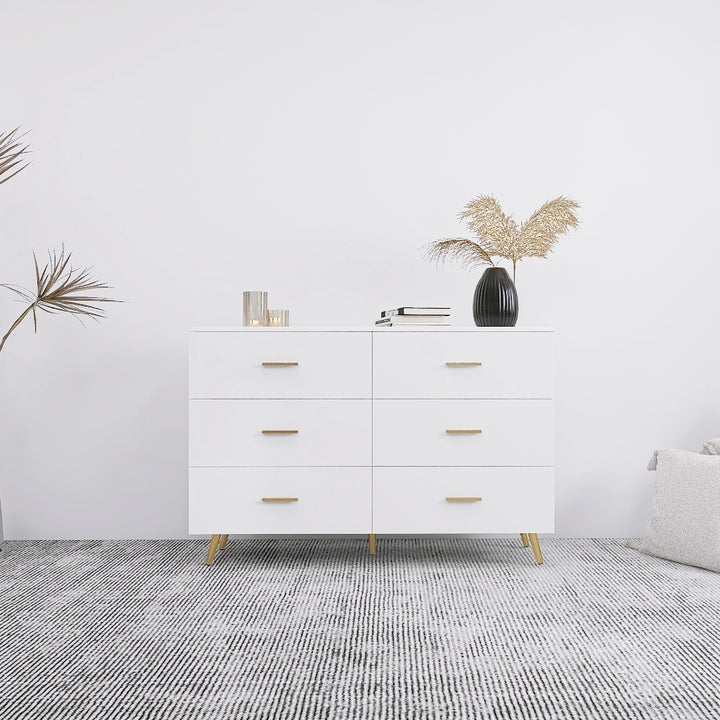 High Glossy Surface 6 Drawers Chest of Drawer with Golden Handle and Golden Steel Legs White Color Vanity