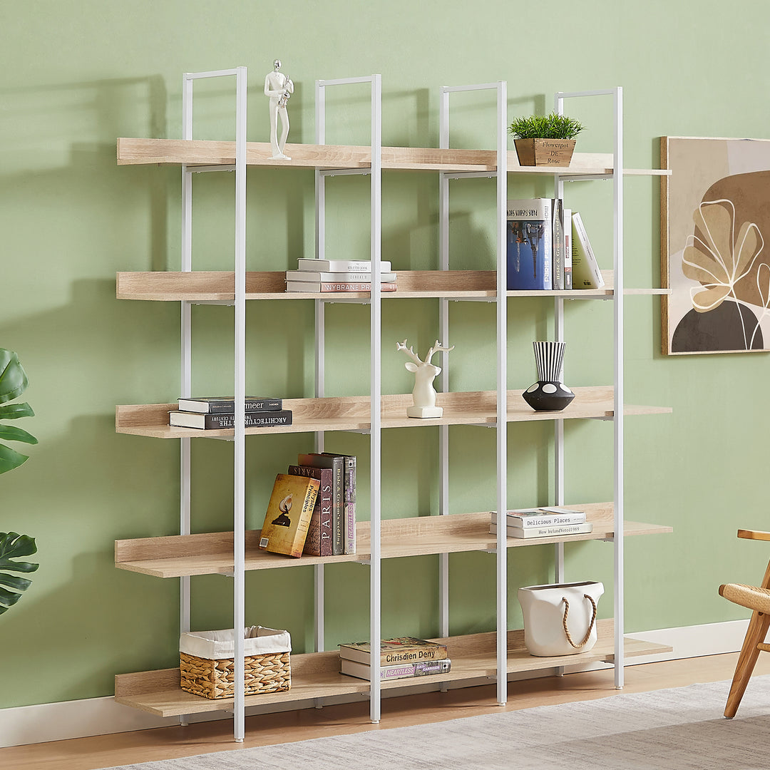 5 Tier Bookcase Home Office Open Bookshelf, Vintage Industrial Style Shelf, MDF Board, White Metal Frame, Oak